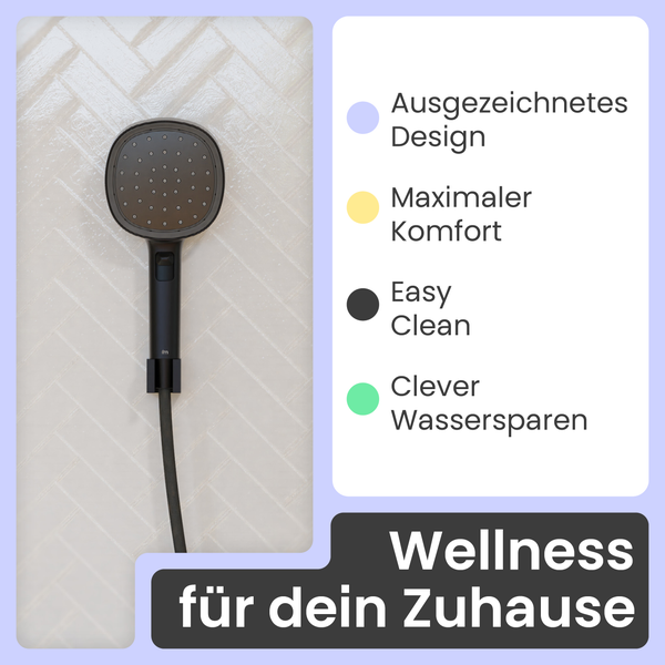 Handbrause in Schwarz mit Brauseschlauch vor einer gefliesten Wand. Text zu den Themen Design, Komfort, Reinigung und Wassersparen.