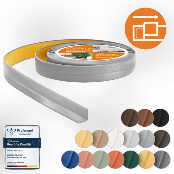 Quest Weichsockelleiste Selbstklebend 10 x 10 mm, PVC Knickleiste , Flexibel, Silber, 5 Meter