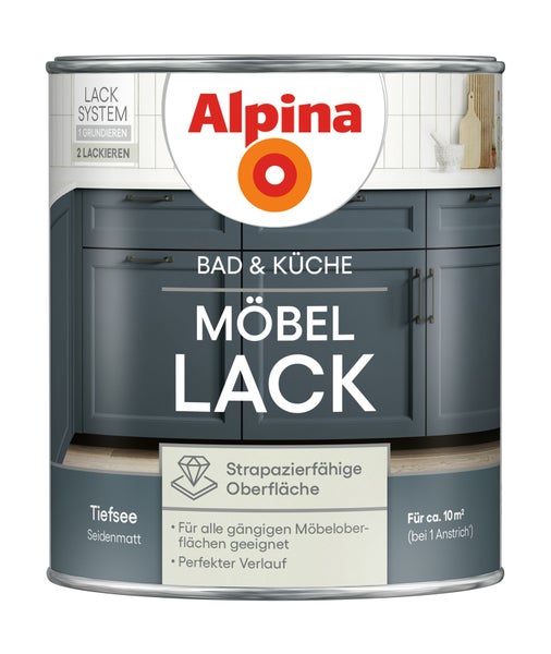 Alpina Möbellack für Bad und Küche im Farbton Tiefsee, seidenmatt, strapazierfähig, für circa 10 Quadratmeter.