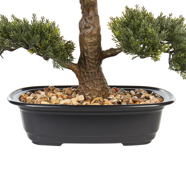 Künstlicher Bonsai-Baum in schwarzer Schale mit Dekosteinen