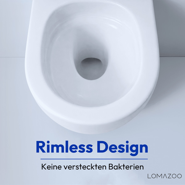 Spülrandloses Wand-WC aus Keramik von Lomazoo mit Fokus auf hygienisches Design ohne versteckte Stellen für Bakterien.