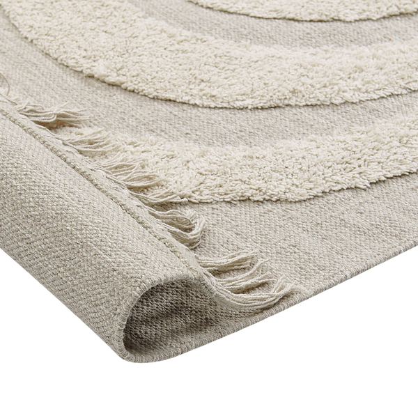 Teppich Baumwolle hellbeige 80 x 150 cm geometrisches Muster Fransen Kurzflor HAKKARI