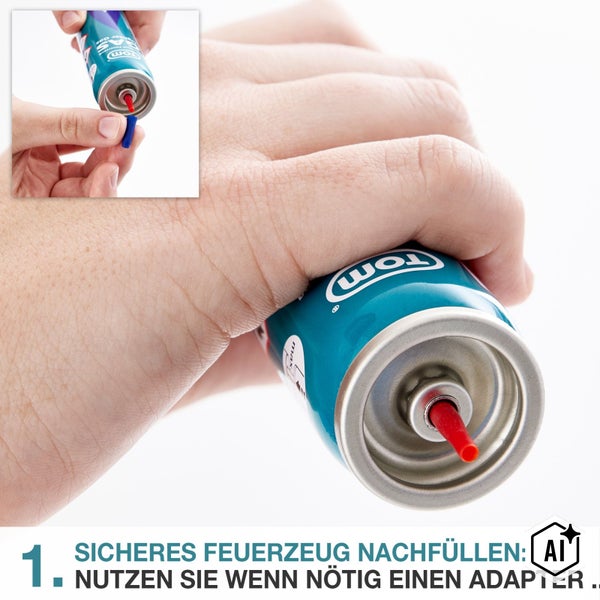Eine Hand hält eine Tom Feuerzeuggas Dose, wobei ein roter Adapter auf das Ventil gesetzt wird, zur sicheren Anwendung beim Nachfüllen.