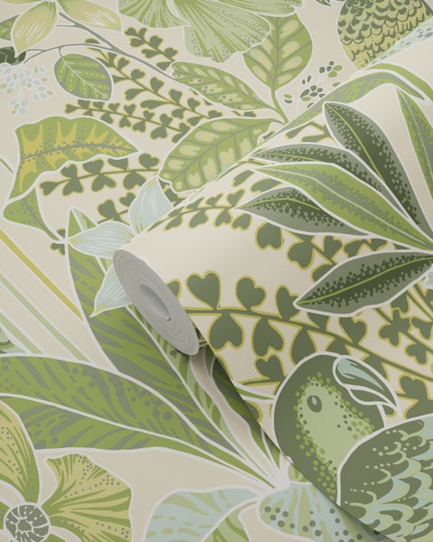 ESTAhome Tapete tropischen Blumen und Paradiesvögeln Graugrün - 50 x 900 cm - 131157