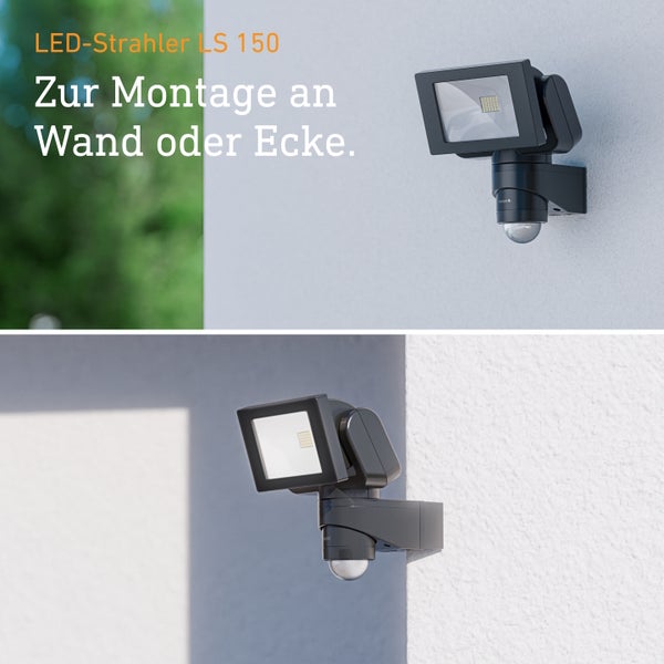 Steinels LED Strahler LS 150 mit Bewegungsmelder für Wand oder Eckmontage im Außenbereich.