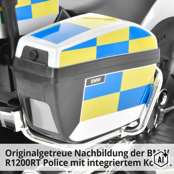 Detailansicht eines integrierten Seitenkoffers an einer BMW R1200RT Polizeimotorrad Nachbildung mit kariertem Muster.