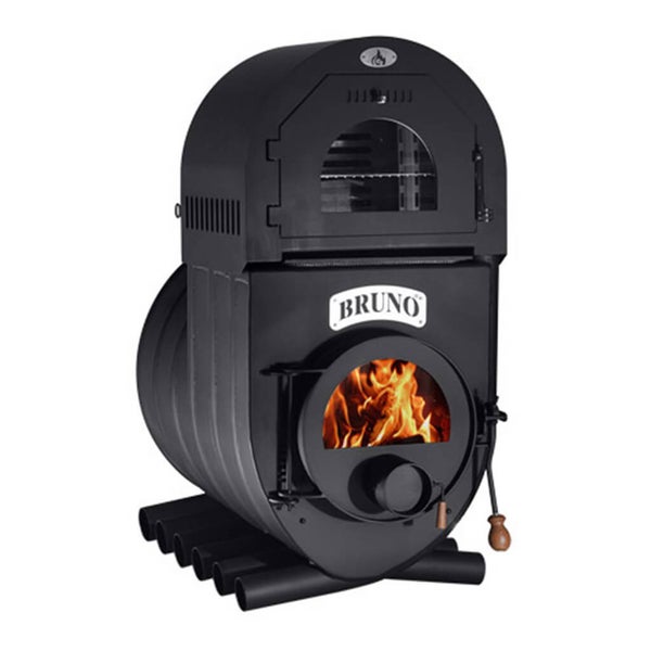 Schwarzer Bruno Holzofen mit Backfach, brennendes Holzfeuer hinter Sichtscheibe, Konvektionsrohre am Boden.