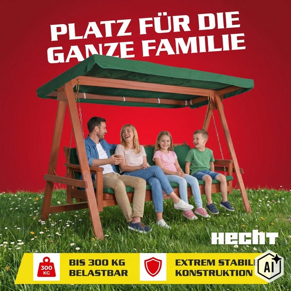 Familie auf einer Hecht Holzgartenbank mit Dach und Kettenaufhängung, belastbar bis 300 Kilogramm mit stabiler Konstruktion.