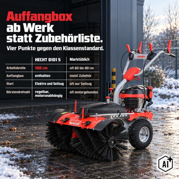 Kehrmaschine Hecht 8101 S mit Vergleichstabelle zur Arbeitsbreite, Auffangbox, Startsystem und Bürstendrehzahl auf einem gepflasterten Untergrund.