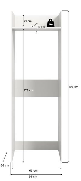 Offenes Garderobenregal mit Regalboden, Maße 196 Zentimeter mal 66 Zentimeter mal 66 Zentimeter, mit technischer Bemaßungszeichnung.
