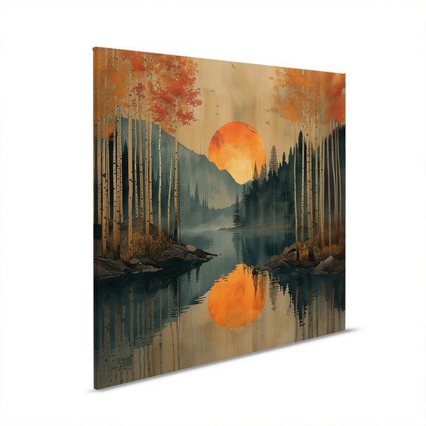 Wandbild mit Waldsee und Sonnenaufgang