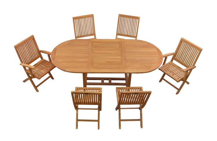 Teak Sitzgruppe aus 6 Klappstühlen 1 Teak Tisch ausziehbar 150 x 100 cm für Garten und Terrasse