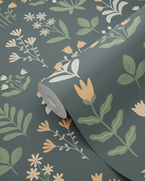 ESTAhome Tapete Feldblumen Graugrün und Orange - 50 x 900 cm - 131098