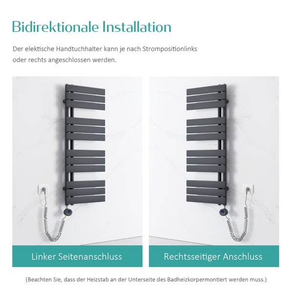 EMKE Elektrischer Design- Paneelheizkörper mit Thermostat und Timer für Handtuchwärmer, seitlich offen, Vertikal, 600 Watt, 60 cm x 104 cm, Anthrazit