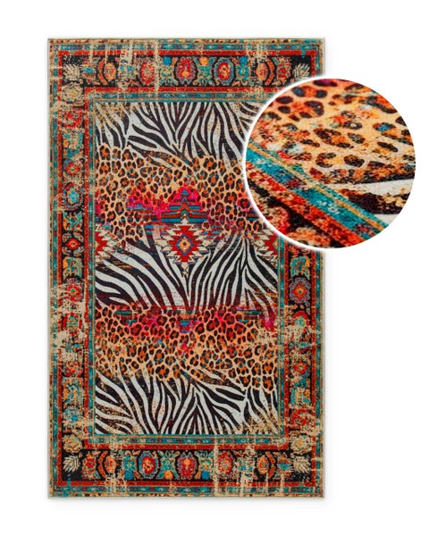 Rechteckiger Teppich mit Leoparden- und Zebramuster, orientalischer Bordüre und Detailansicht der Struktur.