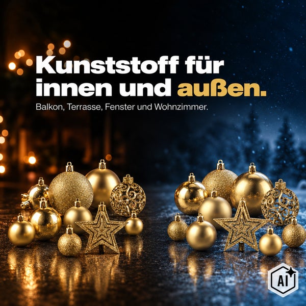 Weihnachtsdekoration aus Kunststoff in Goldoptik mit glänzenden und strukturierten Christbaumkugeln sowie Sternen für den Innen und Außenbereich.