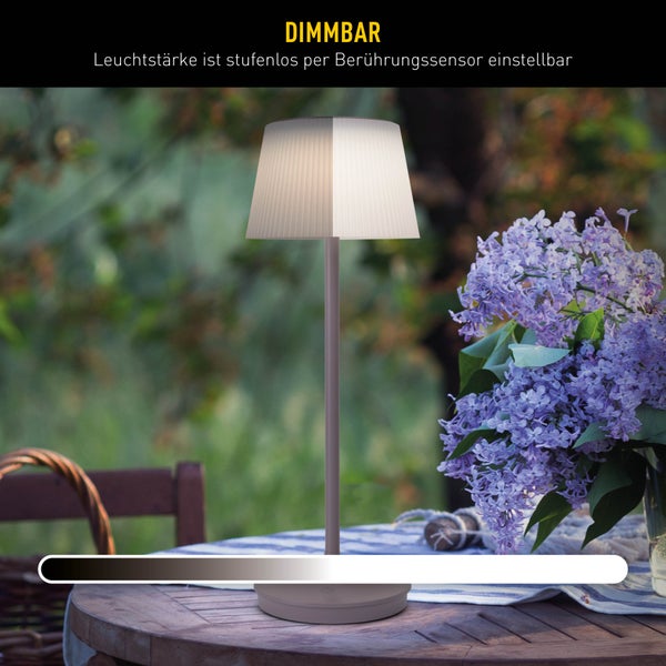 Solar-Akkutischleuchte EMMI  38 cm hoch, Schirm Ø 13 cm, Metall in Brombeer und weißer Kunststoff, für den Außenbereich, dimmbar CCT.