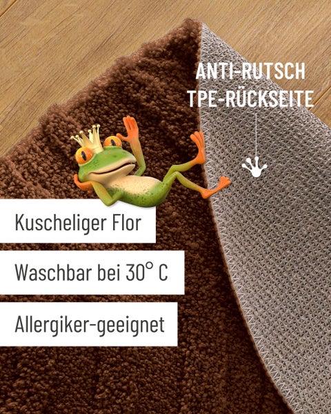 Runder, brauner Badeteppich mit strukturiertem Wellenmuster aus weichem Material.