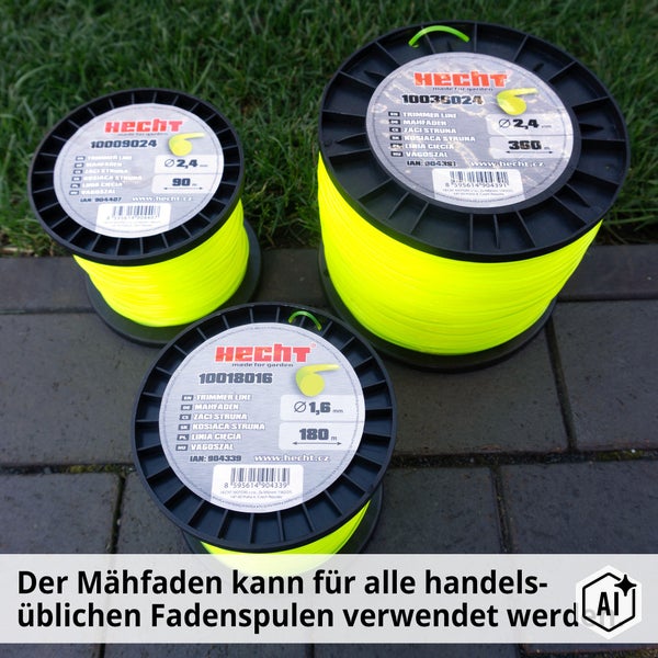 Drei Hecht Mähfaden Spulen in unterschiedlichen Längen und Durchmessern für Rasentrimmer.