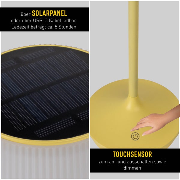 Solar-Akkutischleuchte EMMI  38 cm hoch, Schirm Ø 13 cm, Metall in Gelb und weißer Kunststoff, für den Außenbereich, dimmbar CCT.