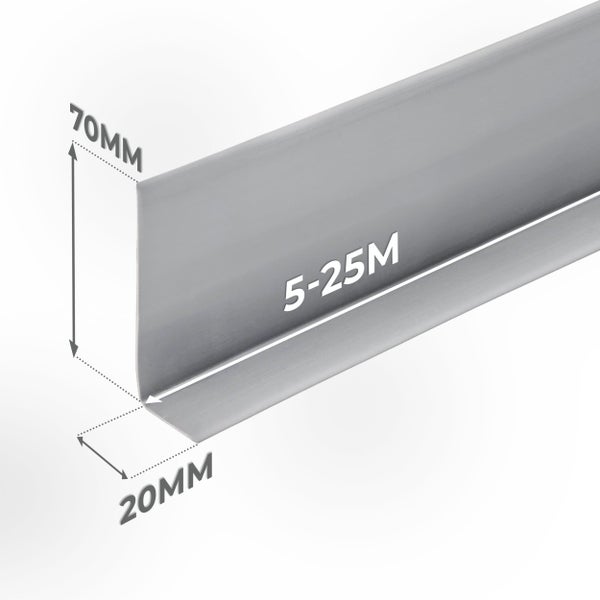 Winkelprofil zur Kantenabdeckung, 70 Millimeter Höhe, 20 Millimeter Breite, Länge 5 bis 25 Meter.