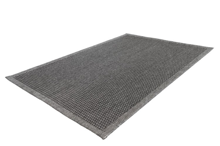 Rechteckiger Webteppich mit Karomuster und Bordüre für den Innen- und Außenbereich.