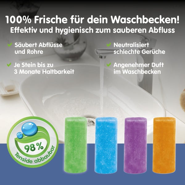 Abflussreiniger-Sticks für Waschbecken, reinigen Rohre, neutralisieren Gerüche, 98 Prozent abbaubare Tenside, Haltbarkeit bis zu drei Monate.