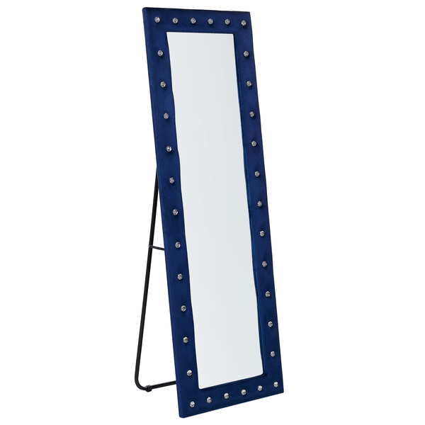 Standspiegel mit gepolstertem blauem Samtrahmen, verziert mit Strasssteinen und einem schwarzen Metallgestell.