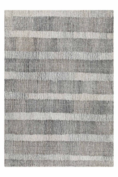 Rechteckiger Teppich in Grau und Beige mit horizontalem Streifenmuster und strukturierter Oberfläche.