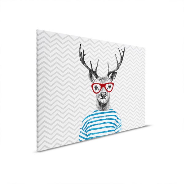 Leinwandbild mit einem Hirsch mit Brille und gestreiftem Hemd vor einem Zickzackmuster