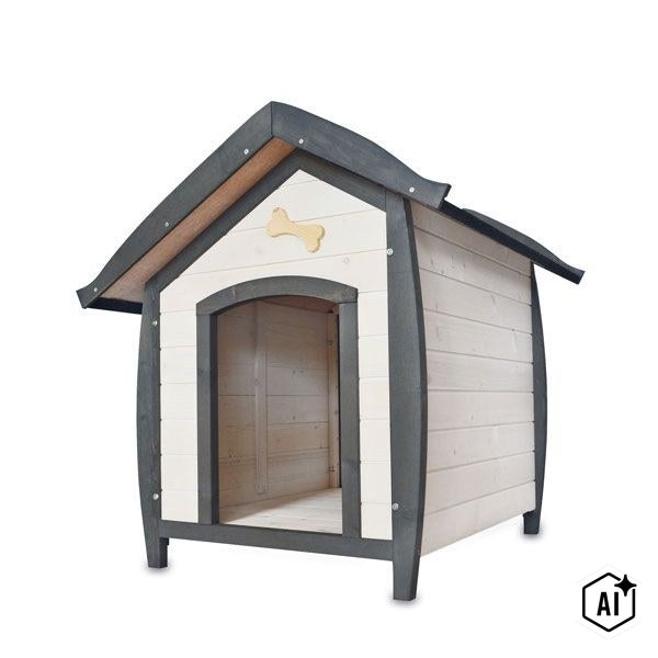 Hundehütte aus Holz mit Spitzdach und dekorativem Knochenmotiv als wetterfester Unterschlupf für Hunde im Garten