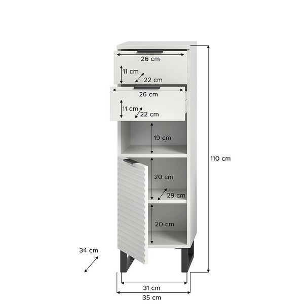 Riff Badschrank 2 Schubladen 1 Tür 1 Fach weiß. 35 X 34 X 110 cm