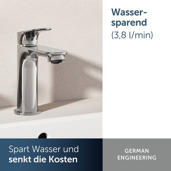 Wassersparende Waschtischarmatur mit einer Durchflussmenge von 3,8 Litern pro Minute an einem Waschbecken.