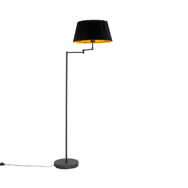 QAZQA - Klassisch I Antik Schwarze Stehlampe mit schwarzem Faltenschirm und verstellbarem Arm – Ladas Deluxe I Wohnzimmer I Schlafzimmer - Stahl Länglich - LED geeignet E27