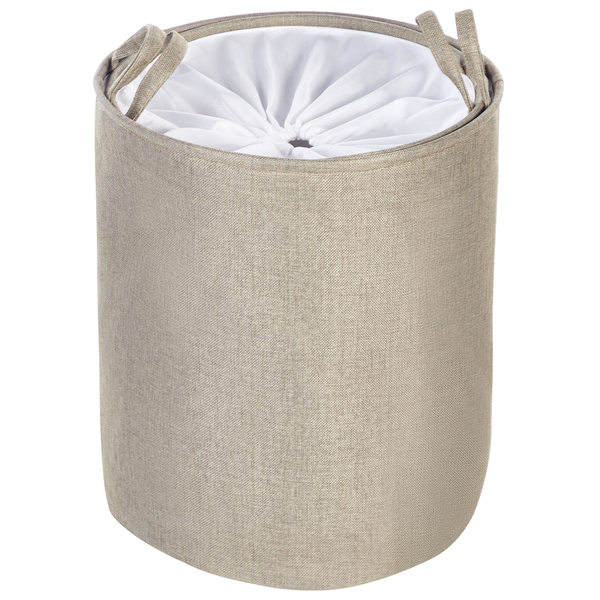 Runder Wäschekorb aus Textil mit Tragegriffen und weißem Kordelzug-Verschluss.