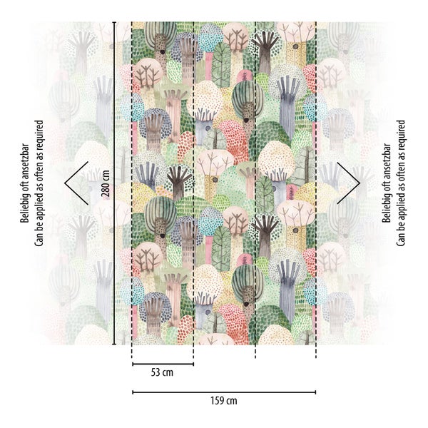 Vliestapete mit Waldmotiv und stilisierten Bäumen, Breite 159 Zentimeter, Höhe 280 Zentimeter, beliebig oft ansetzbar.