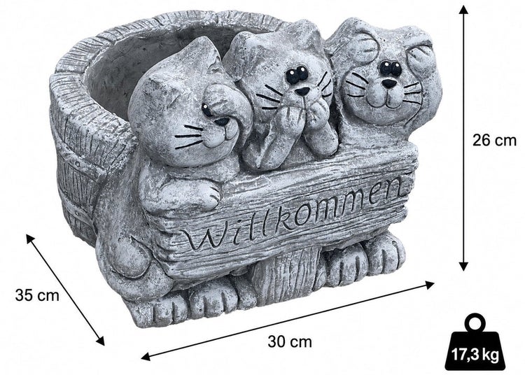 Pflanzgefäß aus Stein mit drei Katzen und Willkommensschild, Maße 35 mal 30 mal 26 Zentimeter, Gewicht 17,3 Kilogramm.