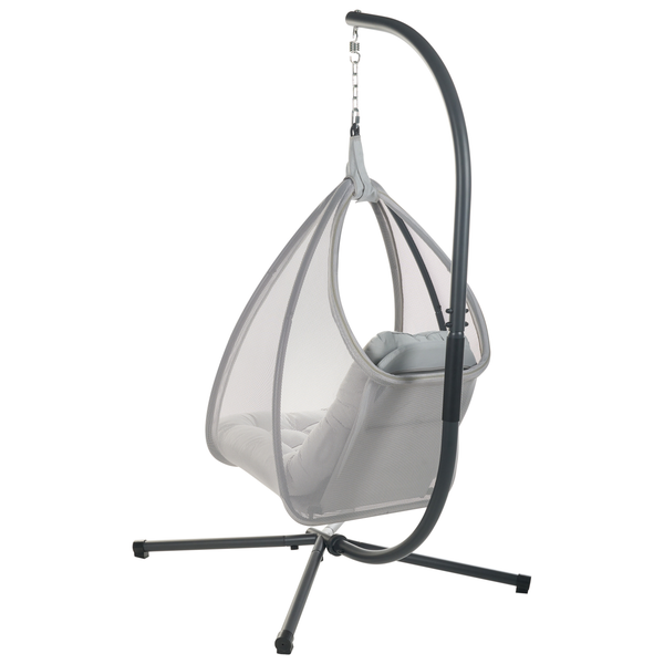 Hängesessel mit schwarzem Metallgestell, grauer Sitzschale aus Netzgewebe und weichem Sitzkissen.