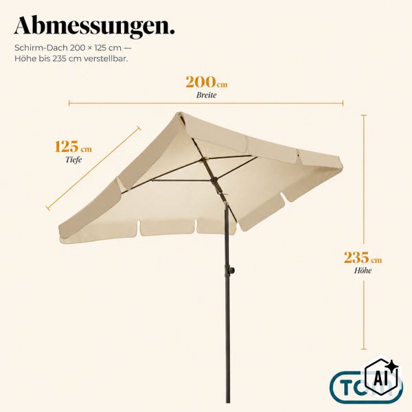 Maßzeichnung eines rechteckigen Balkonschirms mit 200 mal 125 Zentimeter Schirmdach und einer verstellbaren Höhe bis 235 Zentimeter, TOM Logo.