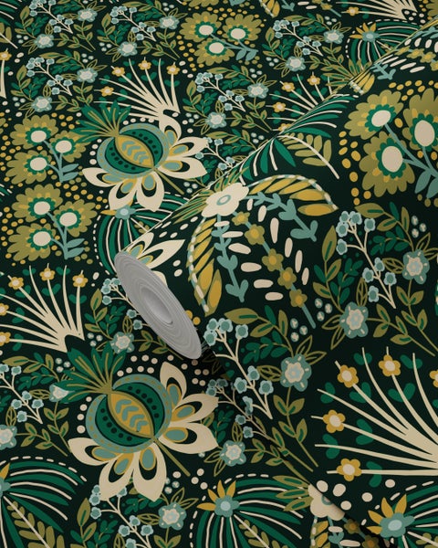 ESTAhome Tapete Blumenmuster im Jugendstil Grün - 50 x 900 cm - 131507