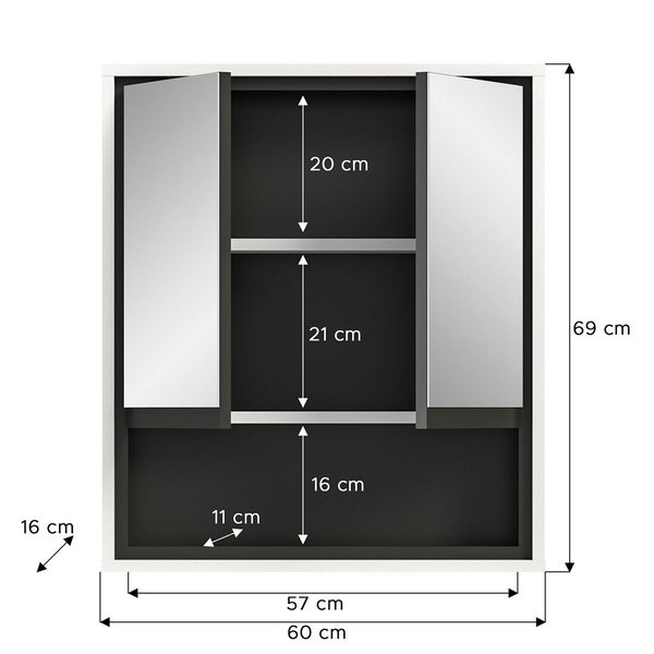 Jaru Spiegelschrank Bad 2 Türen 1 Fach weiß Hochglanz. 60 X 16 X 69 cm