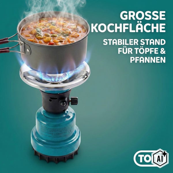 Campingkocher von TOM mit Topf auf der Kochstelle und Text hinweis auf große Kochfläche und stabilen Stand für Töpfe und Pfannen