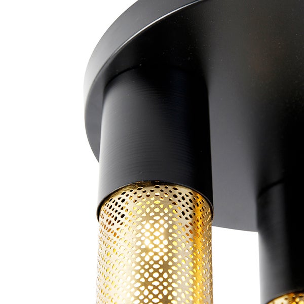 Industrielle Deckenlampe schwarz mit goldenen runden 3 Lichtern - Raspi