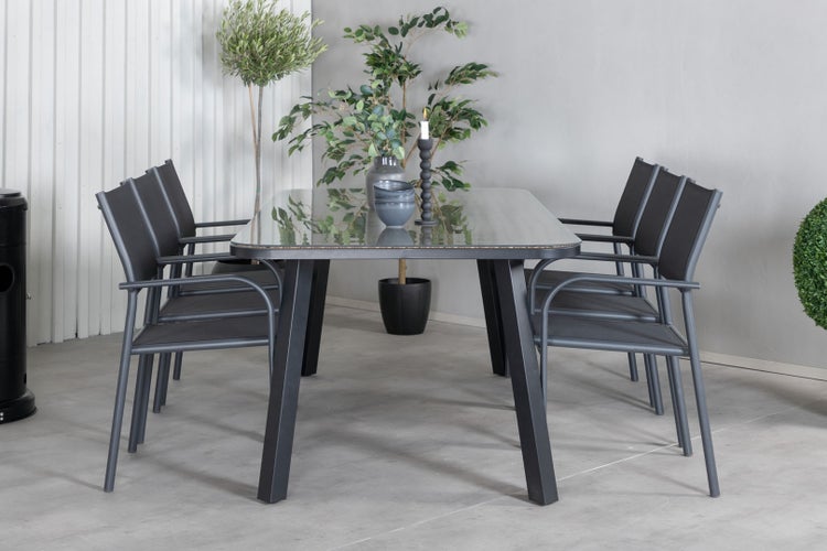 Esstisch-Set mit Glasplatte und sechs Stühlen im modernen Design