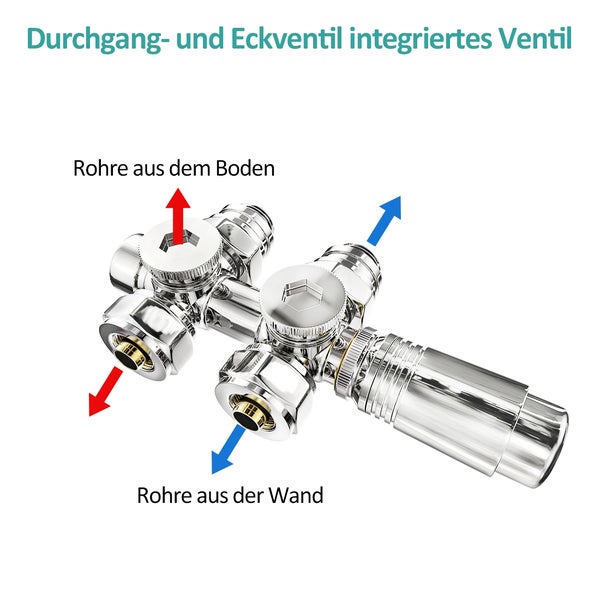 EMKE Multiblock Heizkörperthermostat-Set für Heizkörper, 2 STÜCK SET, Anschlussarmatur und Ventil mit Thermostat, Chrom