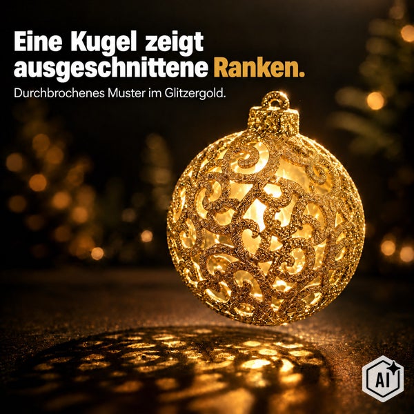 Weihnachtskugel mit durchbrochenem Rankenmuster und Glitzerverzierung für den Weihnachtsbaum