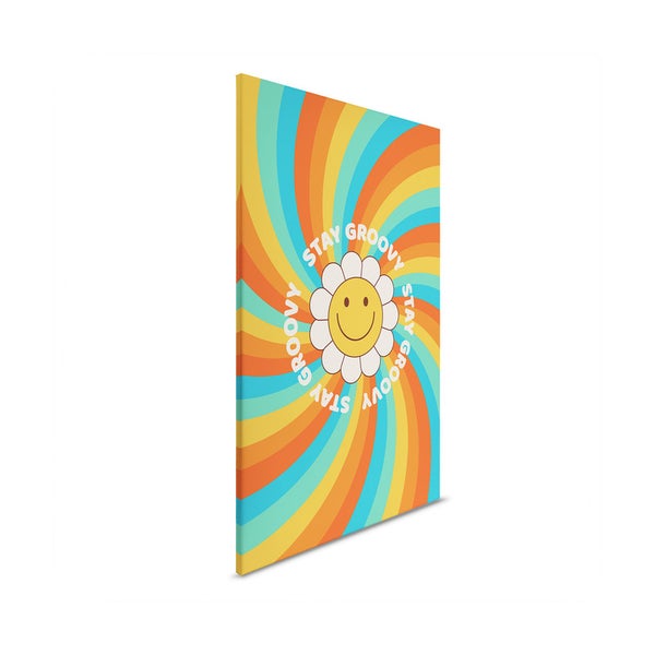 Leinwandbild mit dem Aufdruck 'Stay Groovy' und einem Smiley-Blumenmotiv