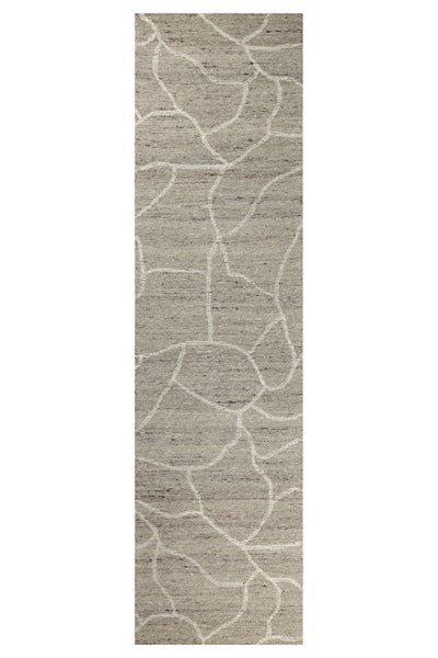 Teppichläufer in Beige und Grau mit abstraktem Linienmuster und strukturierter Oberfläche.