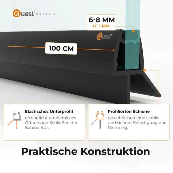 Quest Profile Logo. Duschdichtung, 100 Zentimeter lang, für Glasstärken von 6 bis 8 Millimeter, mit elastischem Unterprofil und profilierter Schiene.