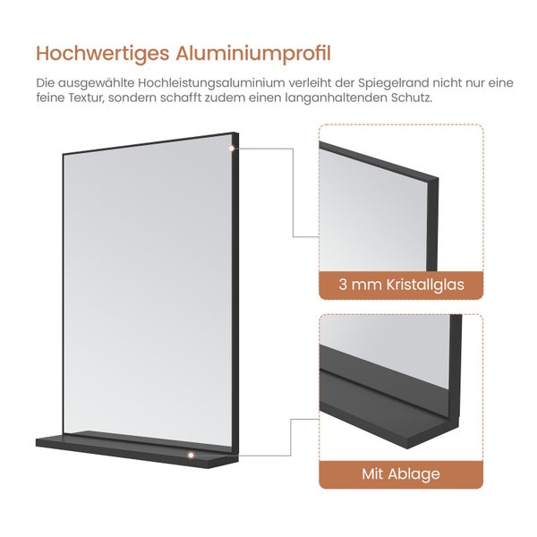 Wandspiegel mit hochwertigem Aluminiumprofil, 3 Millimeter Kristallglas und integrierter Ablagefläche für das Badezimmer.
